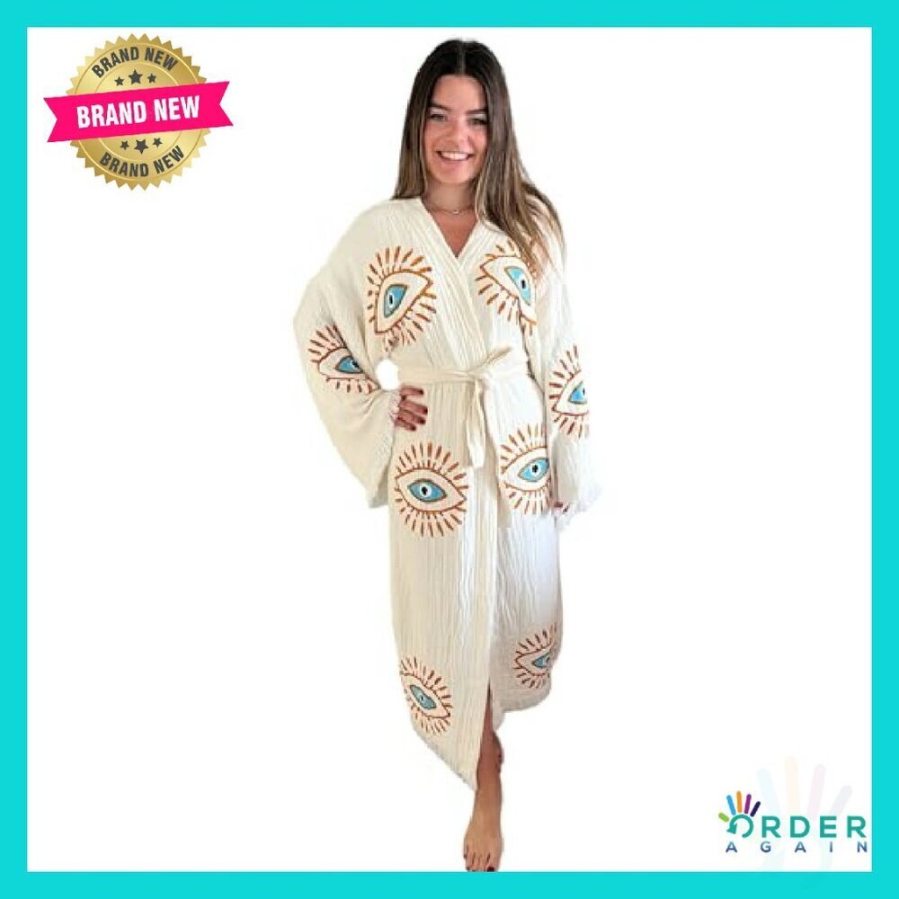 Handmade Evil Eye Kimono Boho Cotton Cardigan Festival Beach Cover Up - Picture 3 of 8